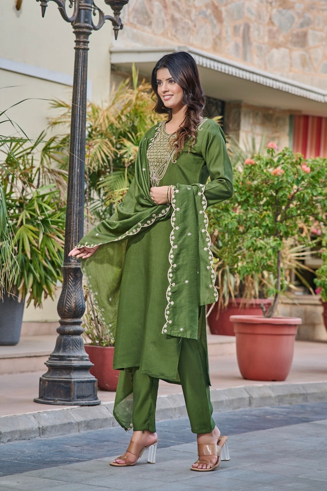 Olive Green Kurta-Pant Set with Handcrafted Embroidered Yoke and Embellished Dupatta