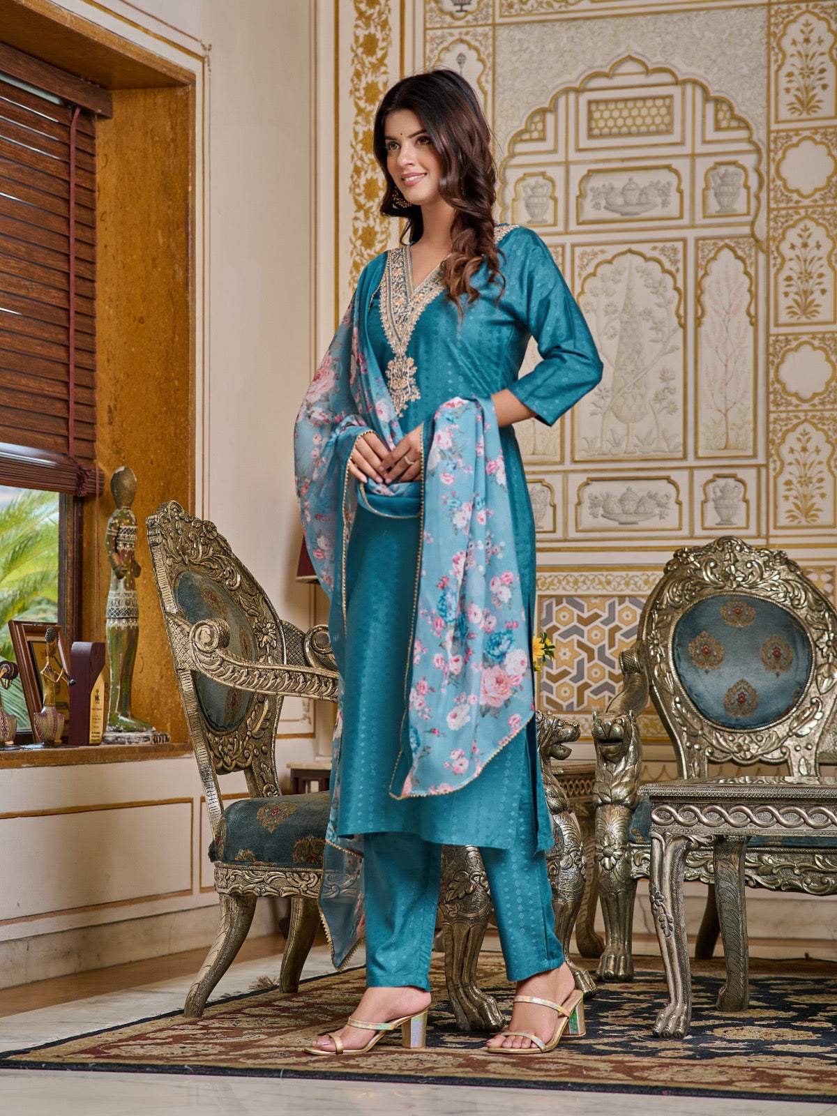 Majestic Teal Blossom Design Kurta Set with Embellished Detailing and Duppata