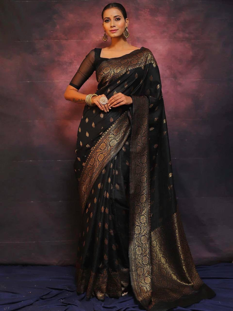 Sophisticated Black Soft Silk Saree With Twirling Blouse Piece