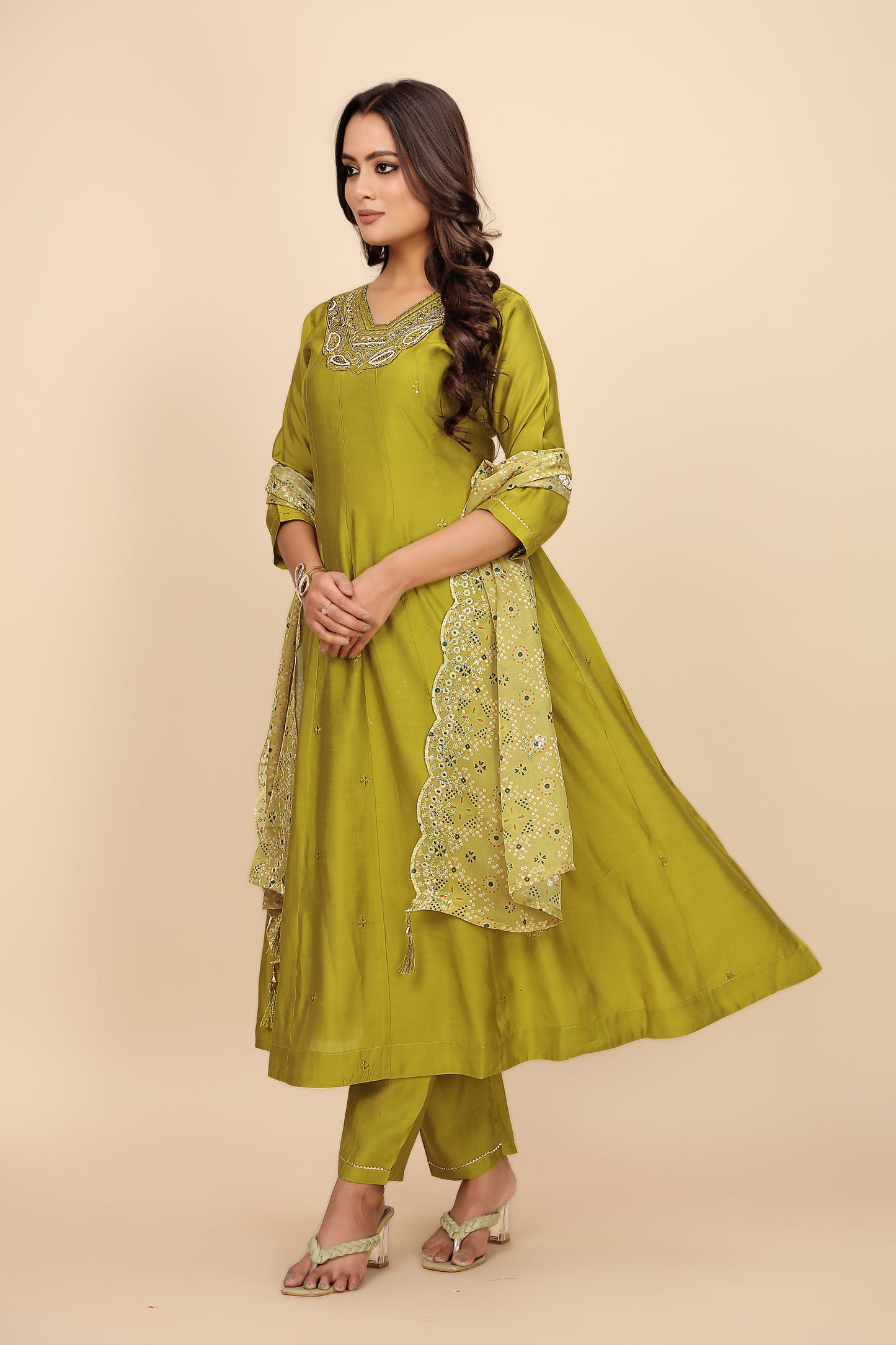 Moss Green Three-Piece Suit with Embroidered Details and Sheer Bandhani Dupatta