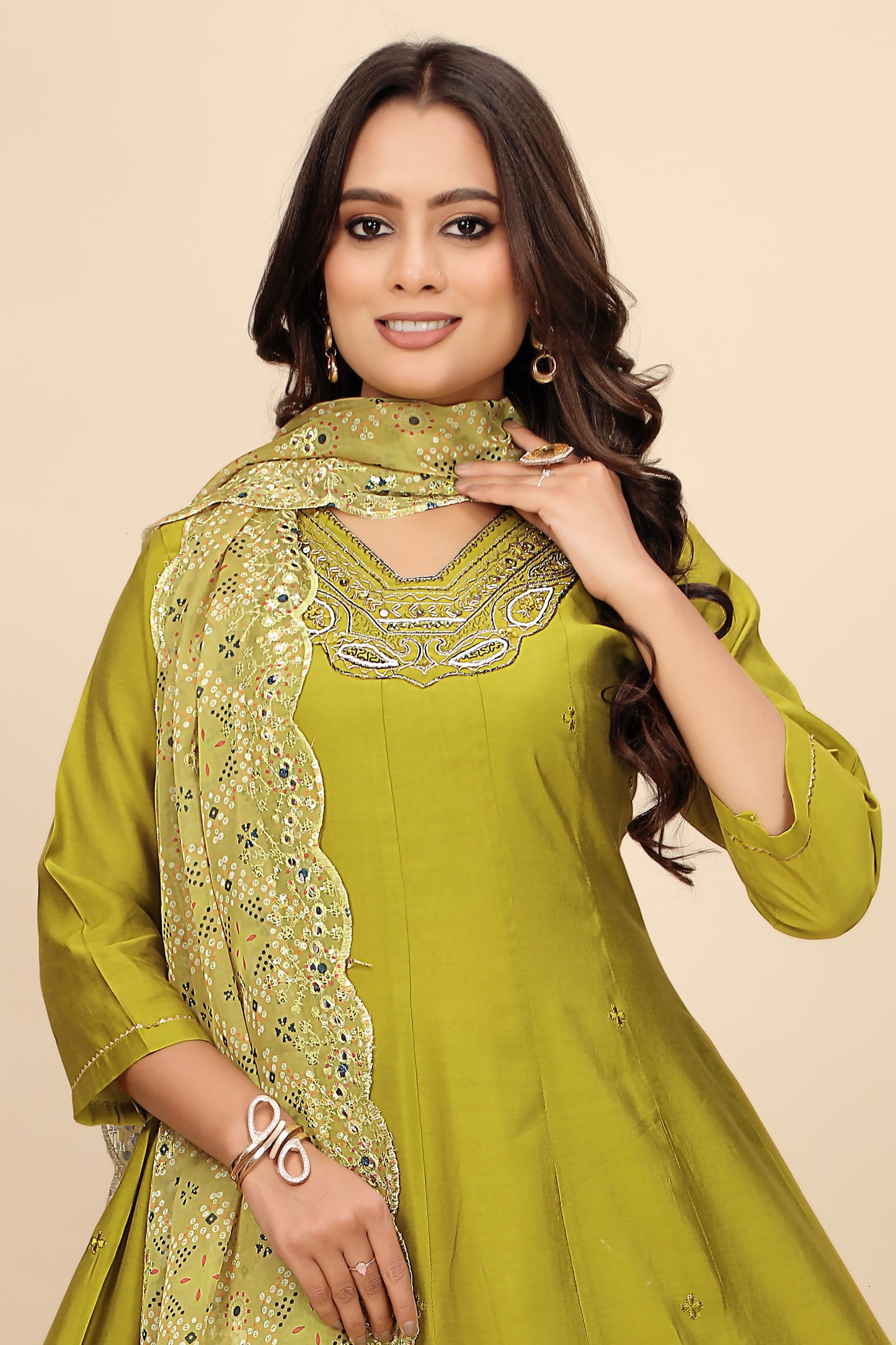 Moss Green Three-Piece Suit with Embroidered Details and Sheer Bandhani Dupatta