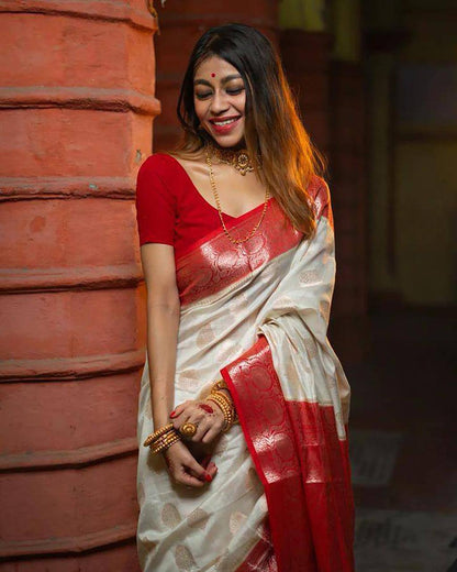 Traditional White Lichi Silk Saree with Bold Red Border and Golden Accents