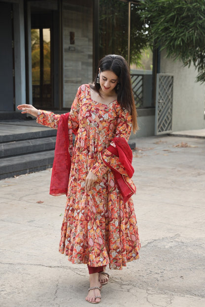 Vibrant Printed Anarkali Dress with Red Churidar and Dupatta