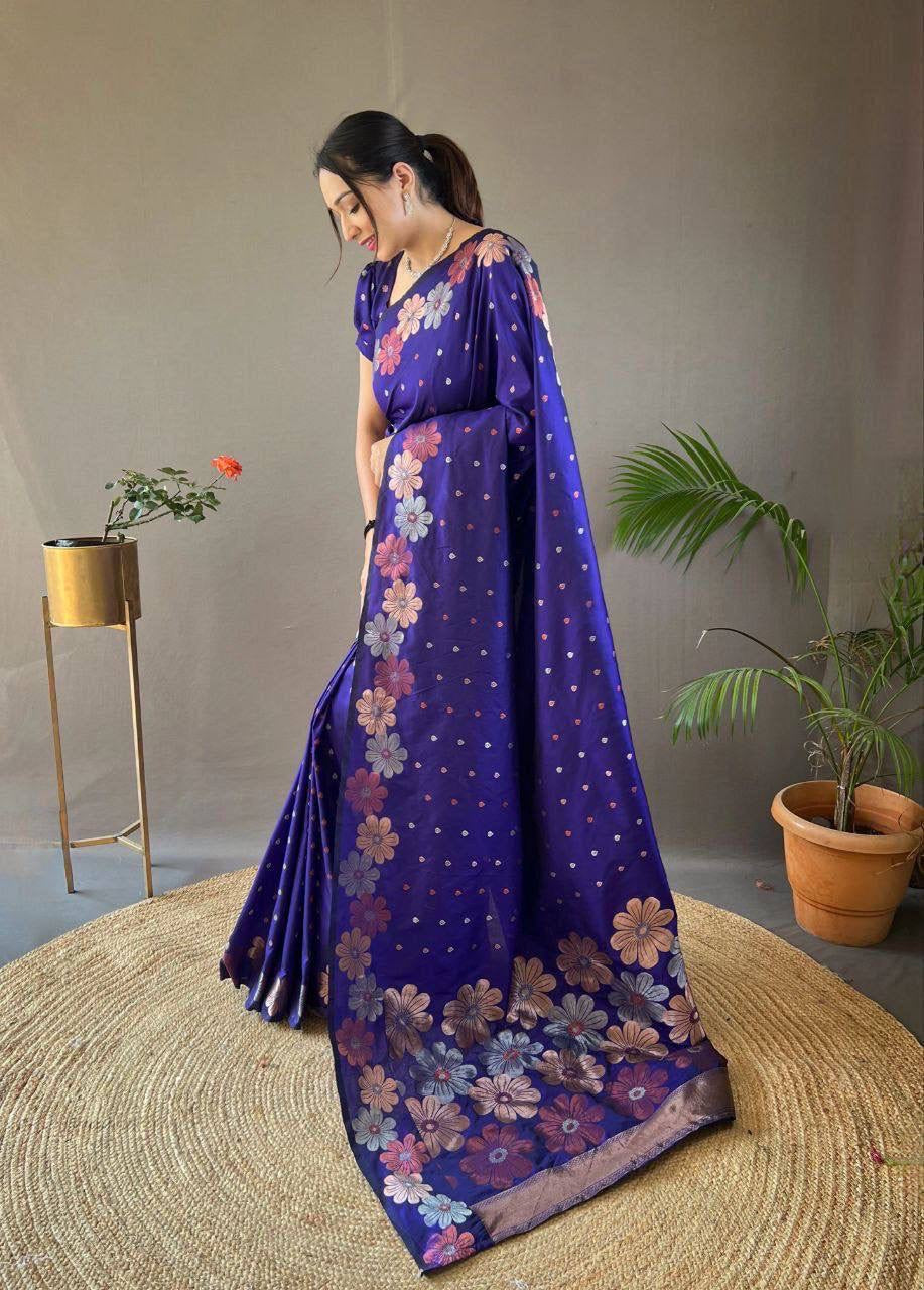 Royal Blue Bloom Satin Saree