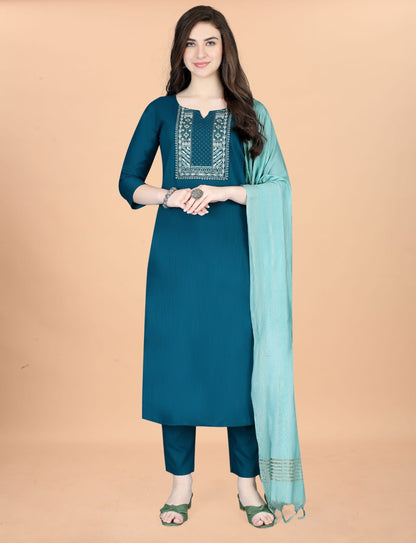 Traditional teal kurta with embroidery and matching pant and dupatta