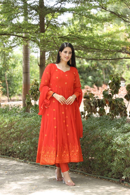 Vibrant Orange Anarkali with Delicate Floral Embroidery and Matching Dupatta