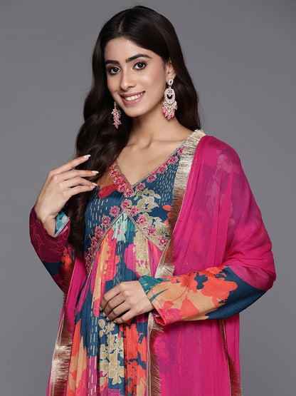 Floral Fantasy Multi-Colored Anarkali Suit with Vibrant Pink Dupatta and Elegant Embellishments