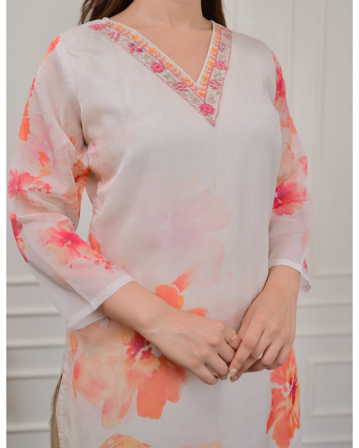 White Rayon Blend Floral Printed Straight Suit Set