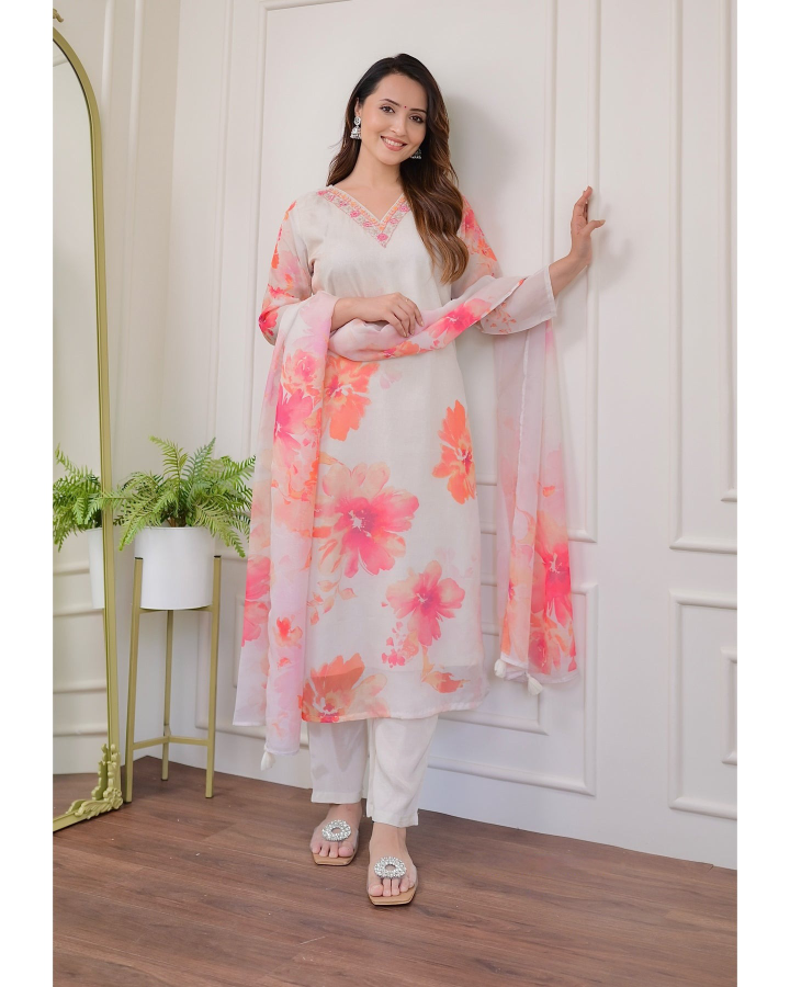 White Rayon Blend Floral Printed Straight Suit Set