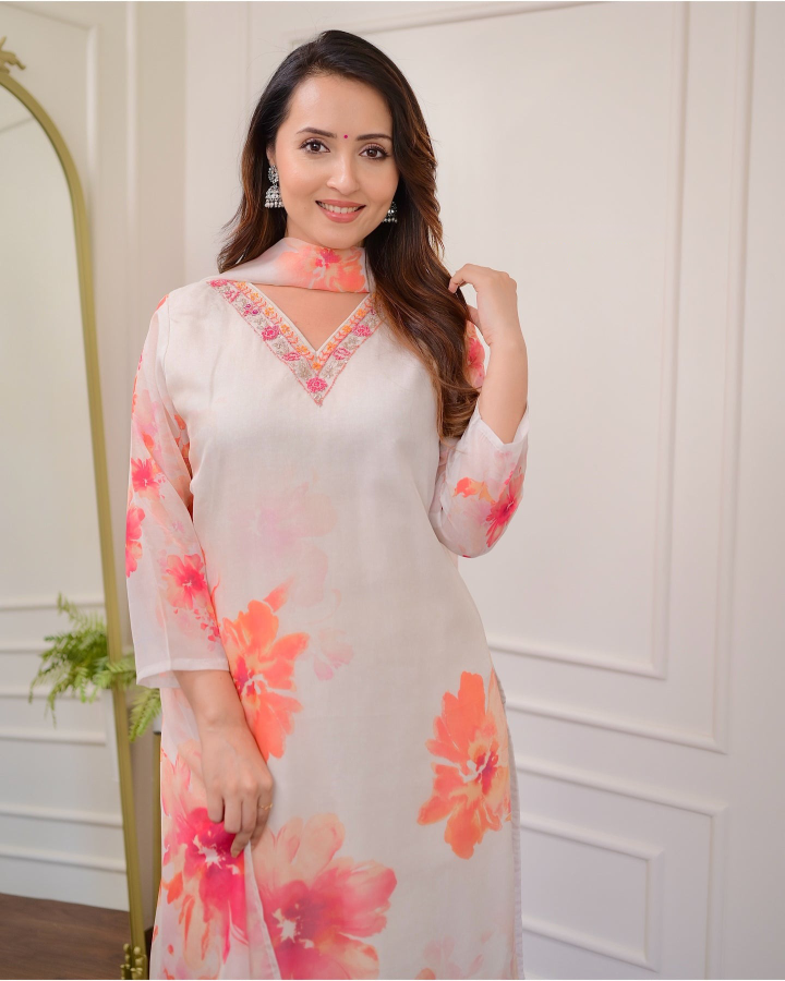 White Rayon Blend Floral Printed Straight Suit Set