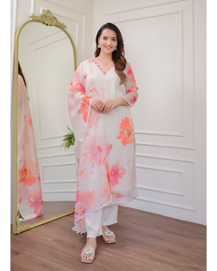 White Rayon Blend Floral Printed Straight Suit Set