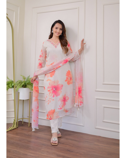 White Rayon Blend Floral Printed Straight Suit Set