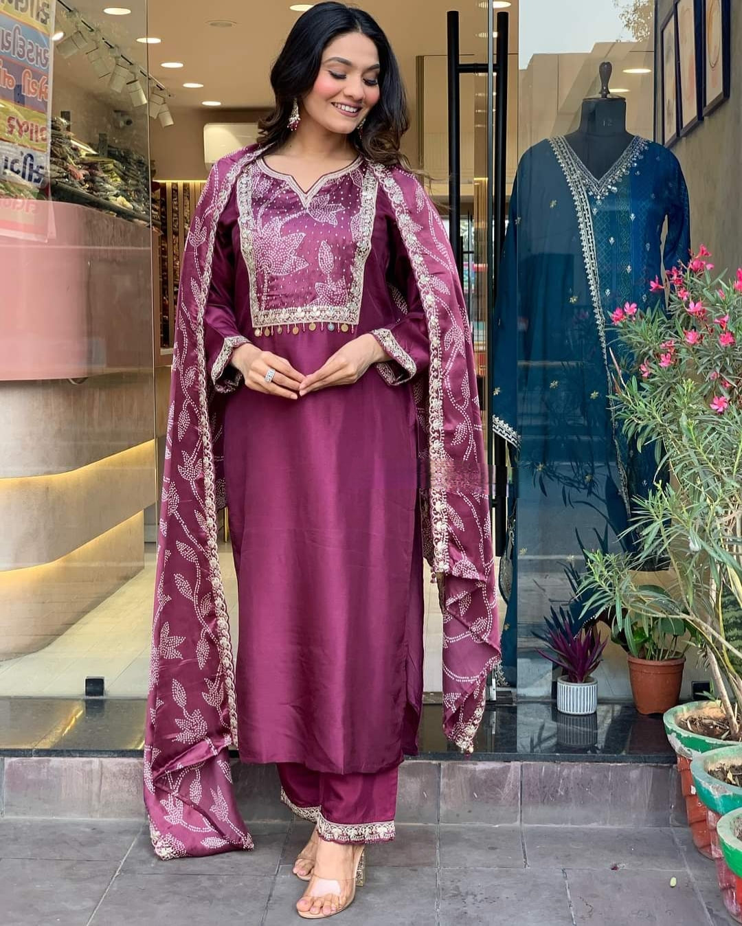 Adorable Wine Embroidery Work Chanderi Silk Function Wear Pant Suit