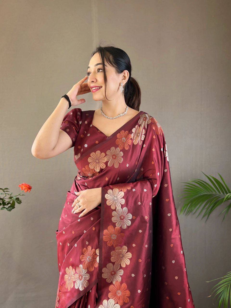 Maroon Elegance Handwoven Saree with Floral Border and Delicate Polka Motifs