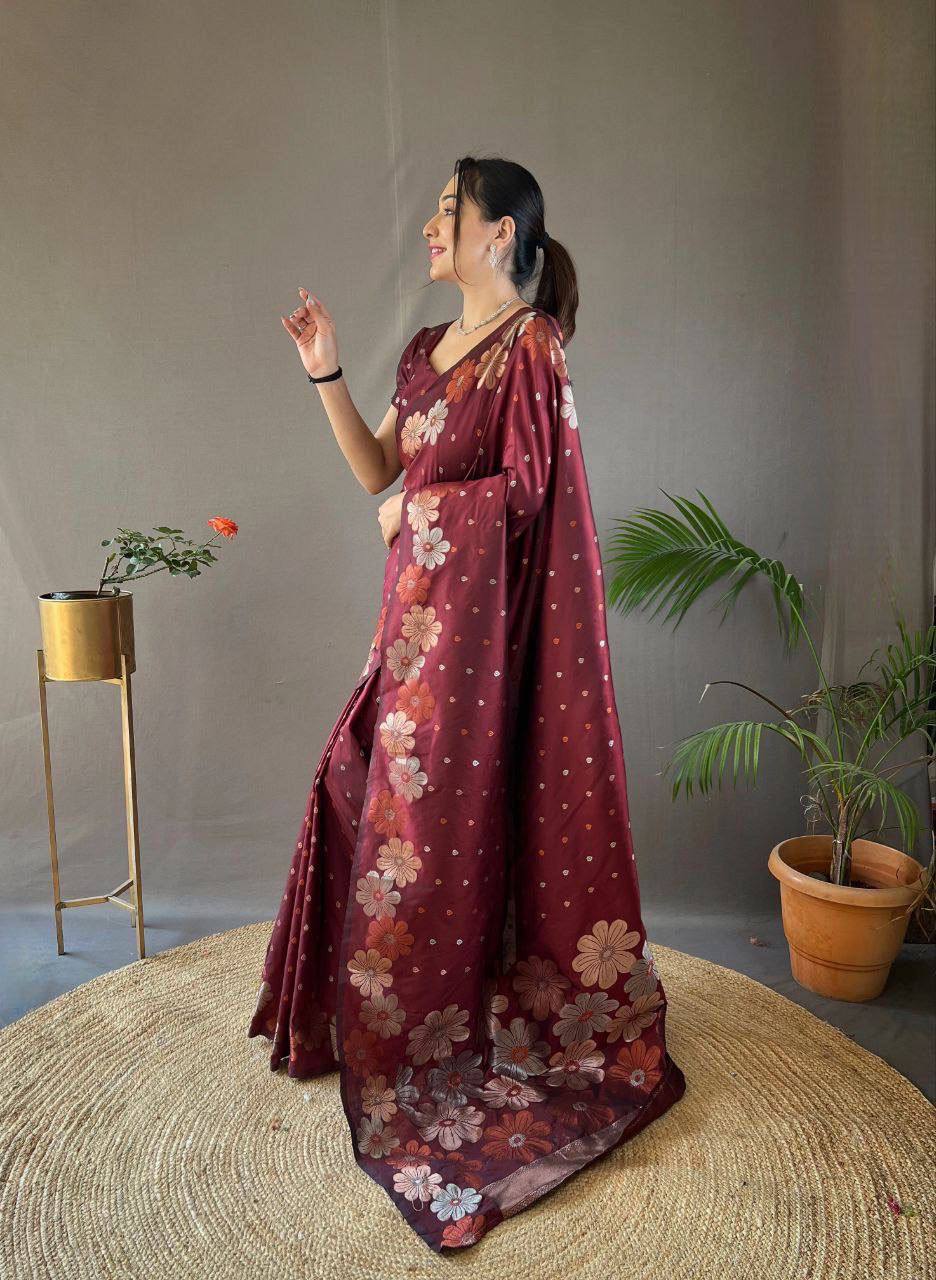 Maroon Elegance Handwoven Saree with Floral Border and Delicate Polka Motifs