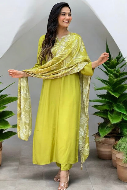 Refreshing lime green kurta set with leafy pattern dupatta and solid pant