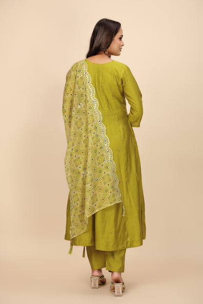 Moss Green Three-Piece Suit with Embroidered Details and Sheer Bandhani Dupatta