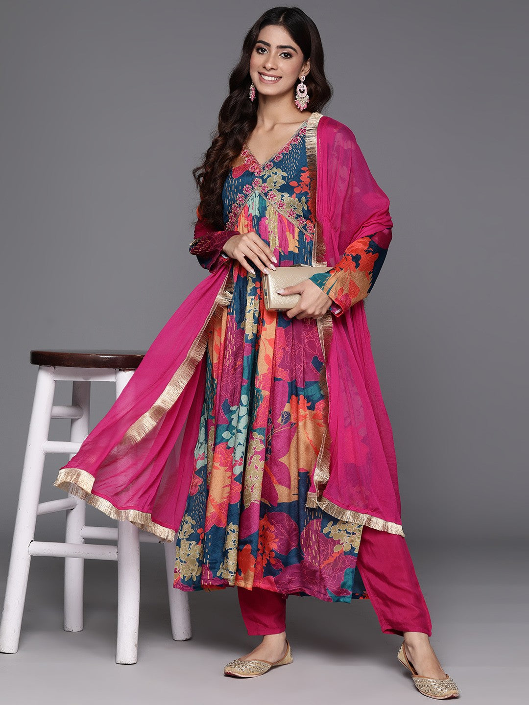 Floral Fantasy Multi-Colored Anarkali Suit with Vibrant Pink Dupatta and Elegant Embellishments