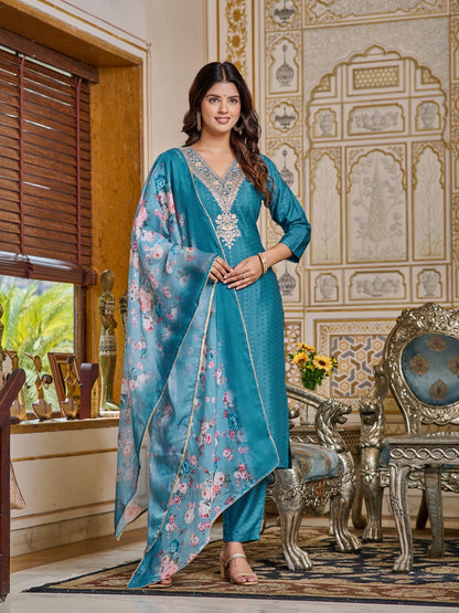 Majestic Teal Blossom Design Kurta Set with Embellished Detailing and Duppata