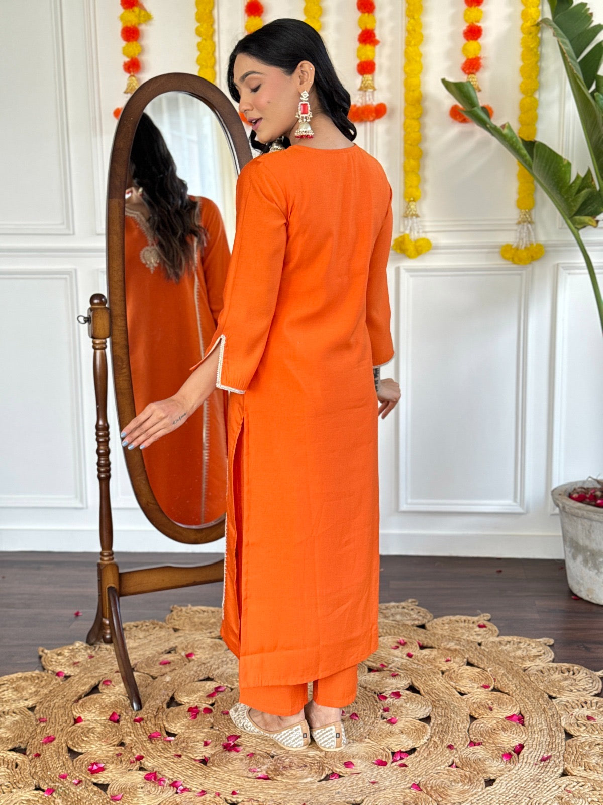 Radiant Orange Ethnic kurta set with floral dupatta and solid pant