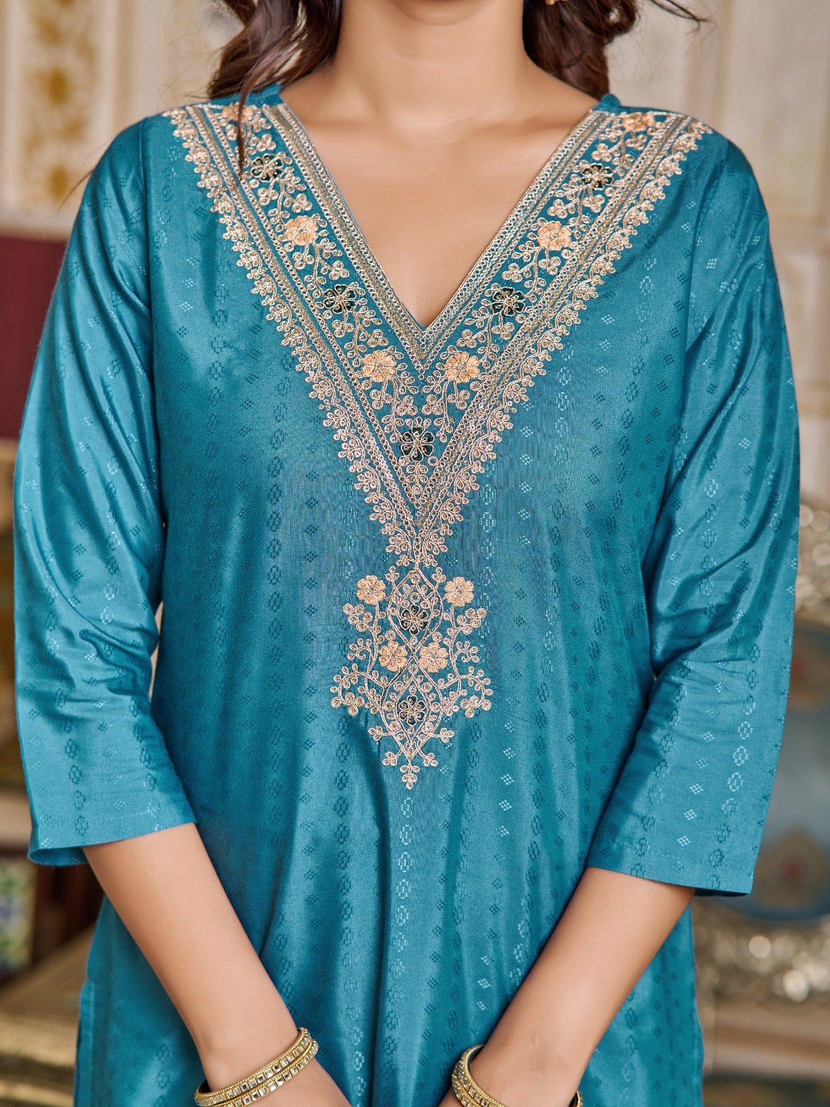 Majestic Teal Blossom Design Kurta Set with Embellished Detailing and Duppata