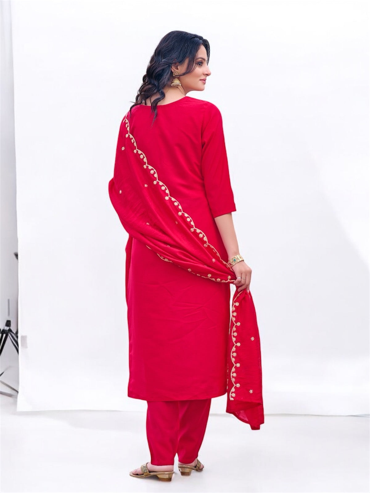 Elegant Red Straight-Cut Salwar Suit with Intricate Golden Embroidery and Matching Dupatta for Festive and Party Wear