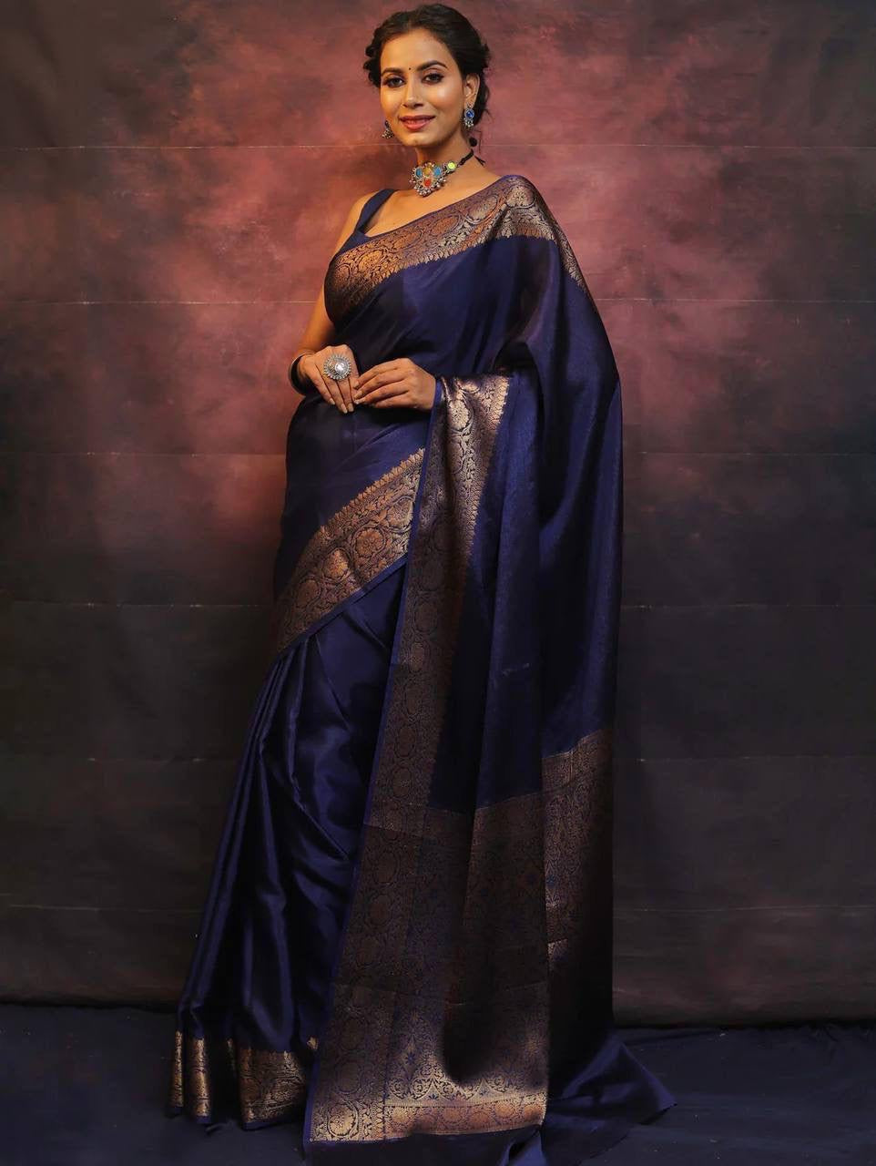 Gossamer Navy Blue Soft Silk Saree With Nemesis Blouse Piece