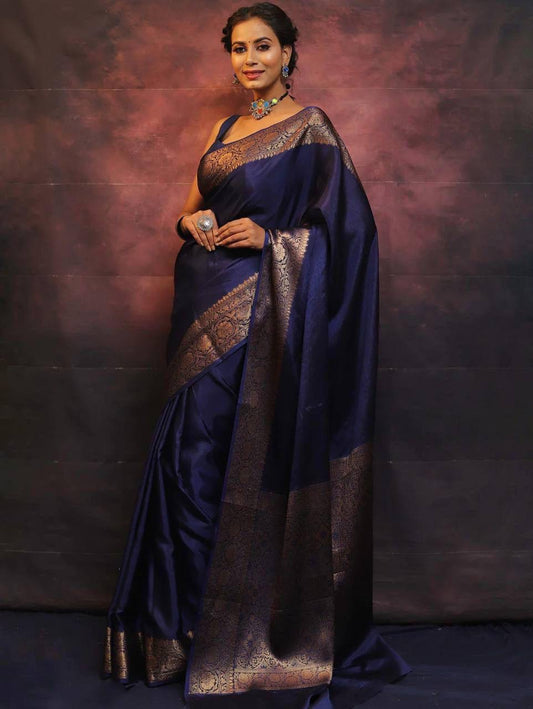 Gossamer Navy Blue Soft Silk Saree With Nemesis Blouse Piece