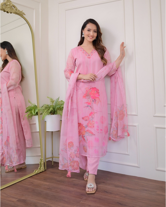 Pink Color Ethnic Floral Printed Resham Work In Organza Fabric For Classy Looks Stitched