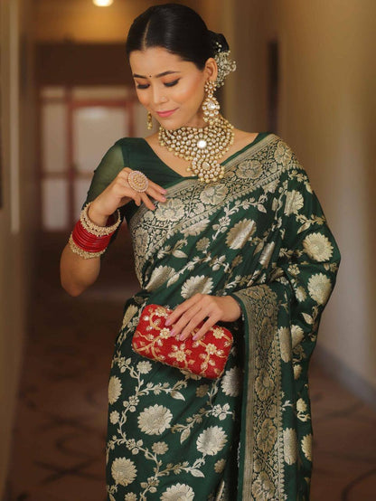 Adorable Dark Green Soft Silk Saree with Blissful Blouse Piece