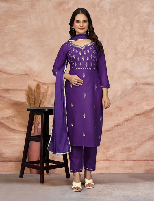 Luxurious Deep Purple Embroidered Cotton Blend Kurti with Pant & Duppata Set