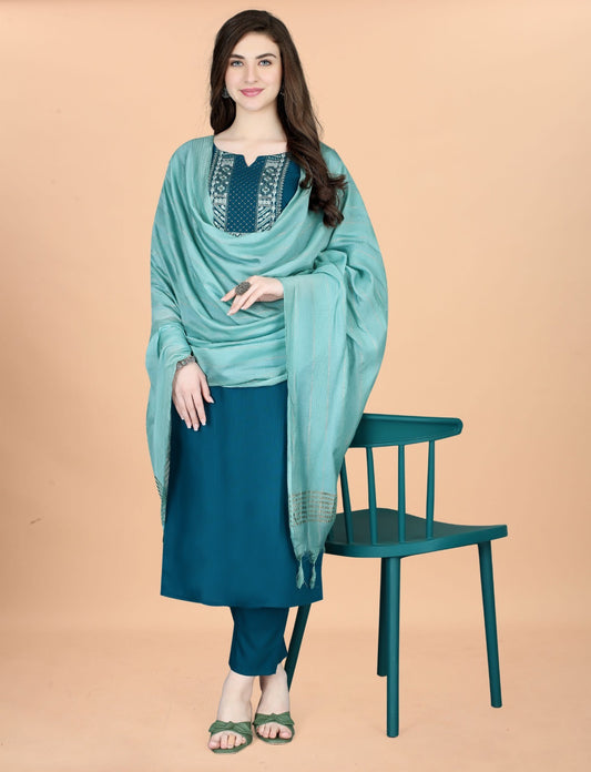 Traditional teal kurta with embroidery and matching pant and dupatta