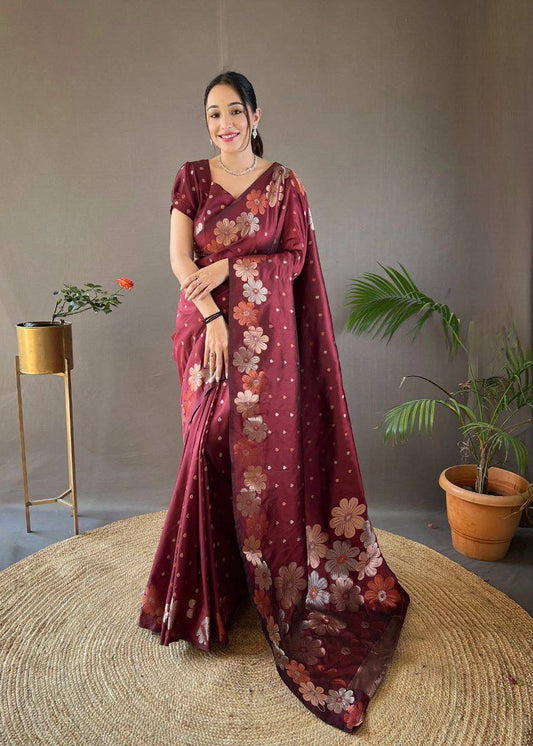 Maroon Elegance Handwoven Saree with Floral Border and Delicate Polka Motifs