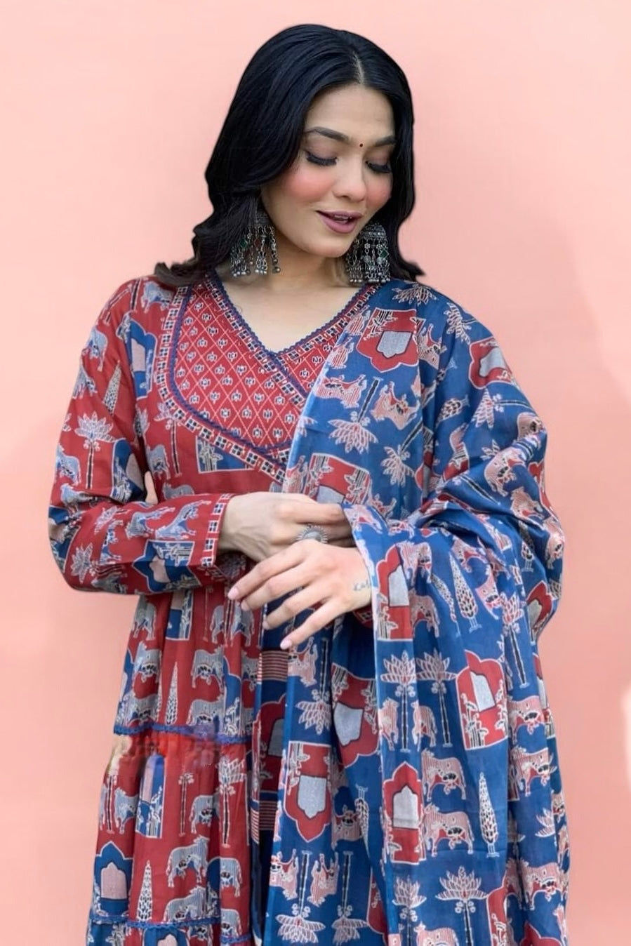 Rust and Blue Traditional Printed Maxi Gown with Matching Full-Sleeve Dupatta and pant