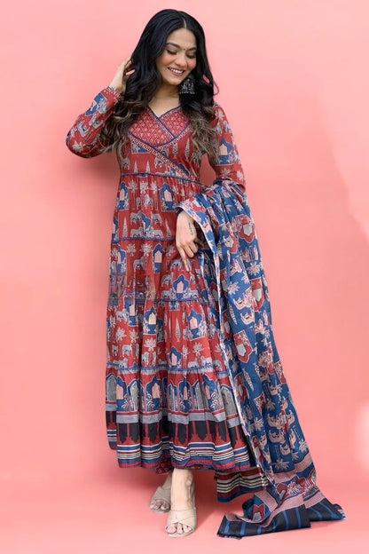 Rust and Blue Traditional Printed Maxi Gown with Matching Full-Sleeve Dupatta and pant