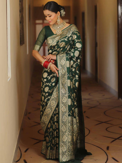 Adorable Dark Green Soft Silk Saree with Blissful Blouse Piece