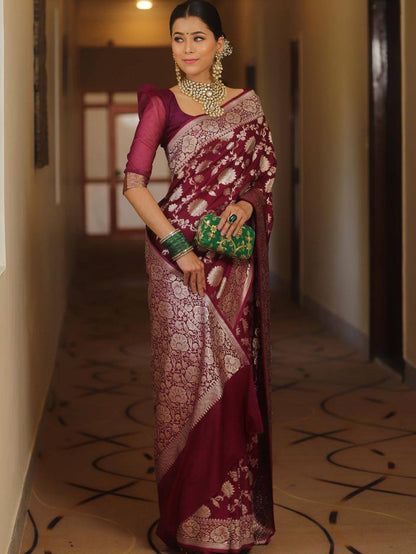 Enamoring Wine Soft Silk Saree with Eclat Blouse Peice