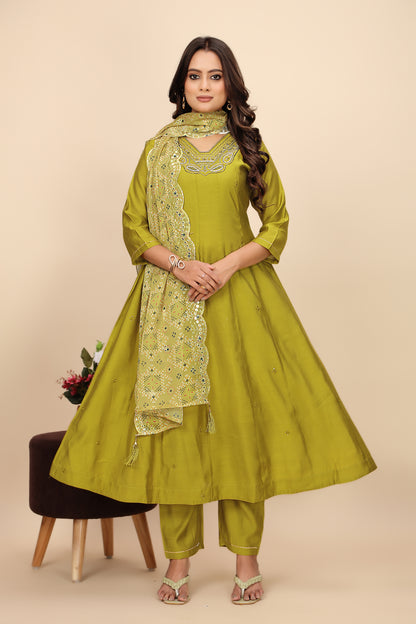 Moss Green Three-Piece Suit with Embroidered Details and Sheer Bandhani Dupatta