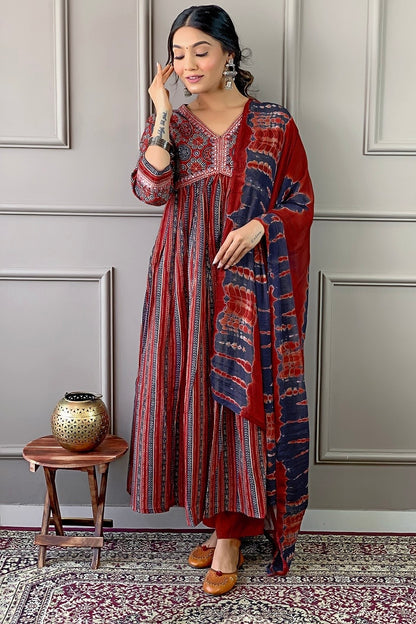 Anarkali Maxi Dress in Earthy Red and Black Block Prints with Pant and Dupatta