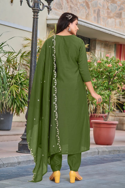 Olive Green Kurta-Pant Set with Handcrafted Embroidered Yoke and Embellished Dupatta