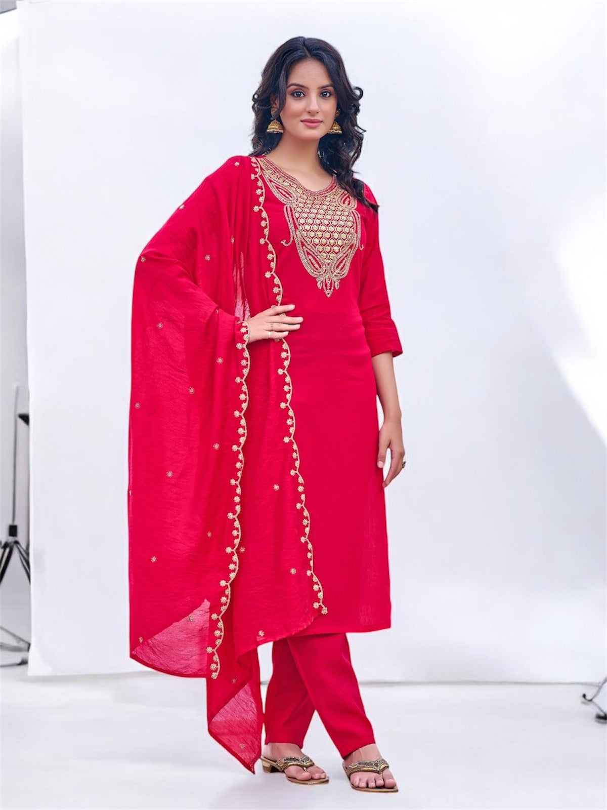 Elegant Red Straight-Cut Salwar Suit with Intricate Golden Embroidery and Matching Dupatta for Festive and Party Wear