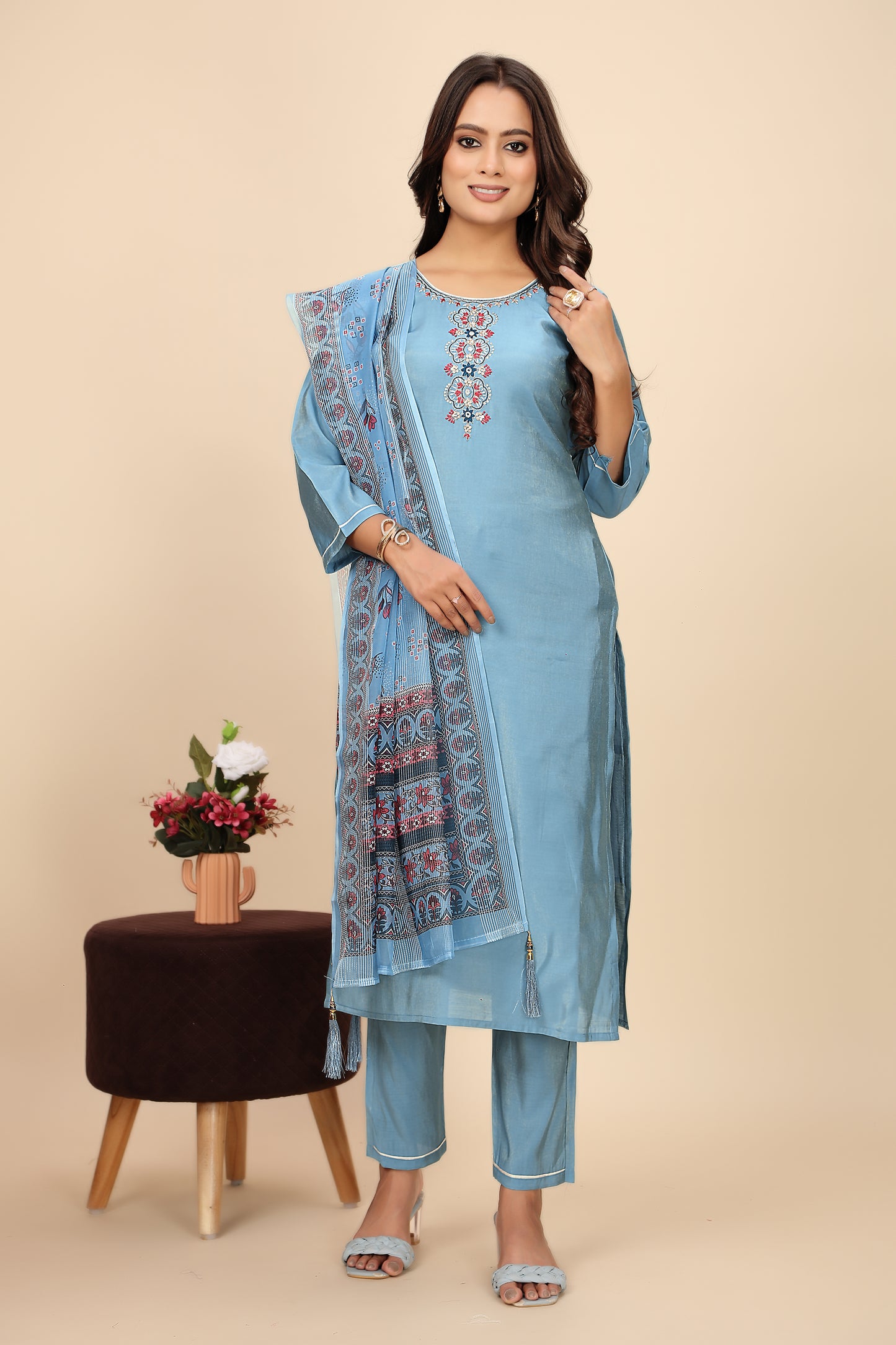 Premium Embroidered Blue Kurta Set with Pant and Matching Dupatta