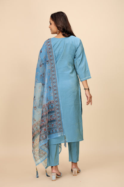 Premium Embroidered Blue Kurta Set with Pant and Matching Dupatta