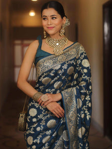 Desultory Navy Blue Soft Silk Saree with Lissome Blouse Piece