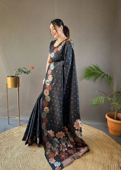 Black Satin Saree with Delicate Polka Details and Vibrant Floral Borders