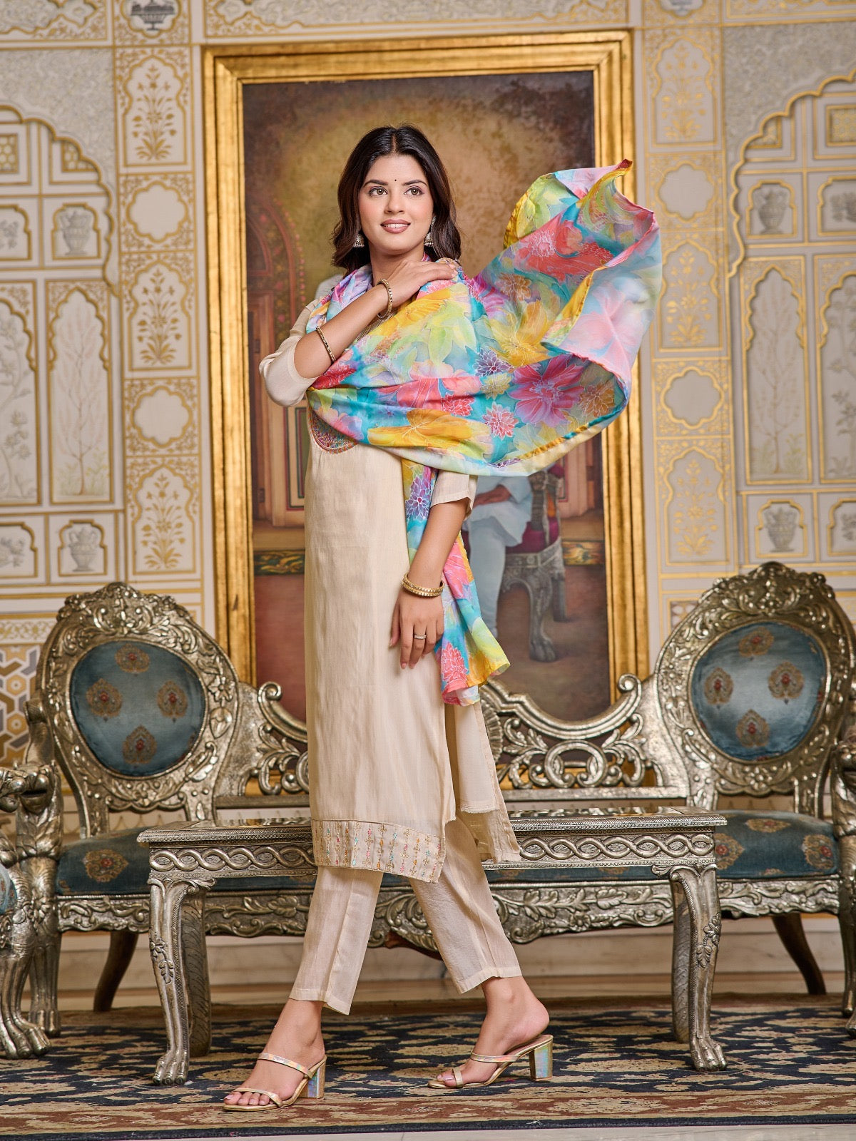 Elegant Beige Ethnic Suit with Vibrant Floral Dupatta and Pant