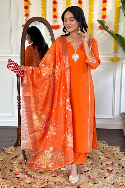 Radiant Orange Ethnic kurta set with floral dupatta and solid pant