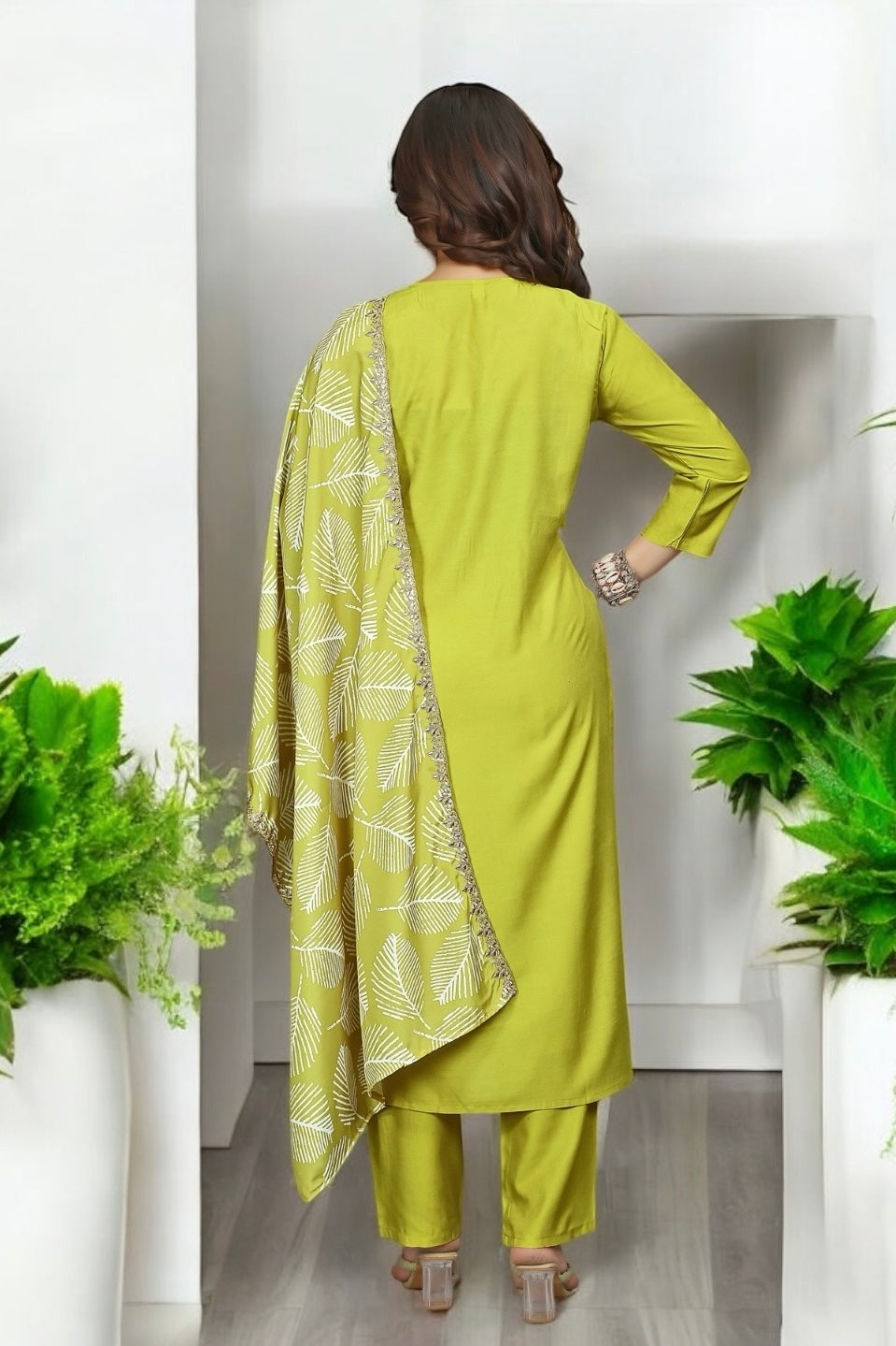 Refreshing lime green kurta set with leafy pattern dupatta and solid pant