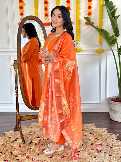 Radiant Orange Ethnic kurta set with floral dupatta and solid pant