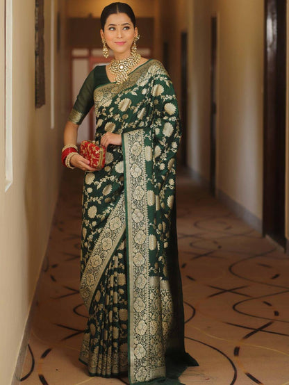 Adorable Dark Green Soft Silk Saree with Blissful Blouse Piece